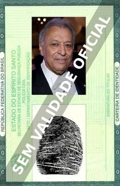 Imagem hipotética representando a carteira de identidade de Zubin Mehta